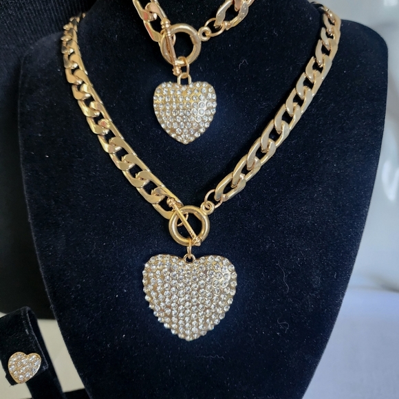 Gold Cuban Link Chain Neckace Bracelet Set with Toggle Clasp Heart Pendants Set - Picture 4 of 9